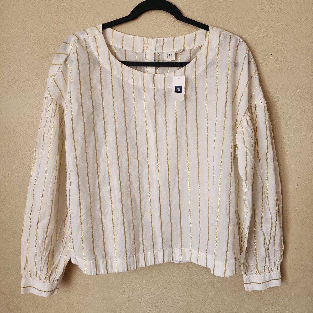 Gap White Gold Metallic Shimmer Blouse Puff Sleeve Whimsigoth Fairycore NWT S